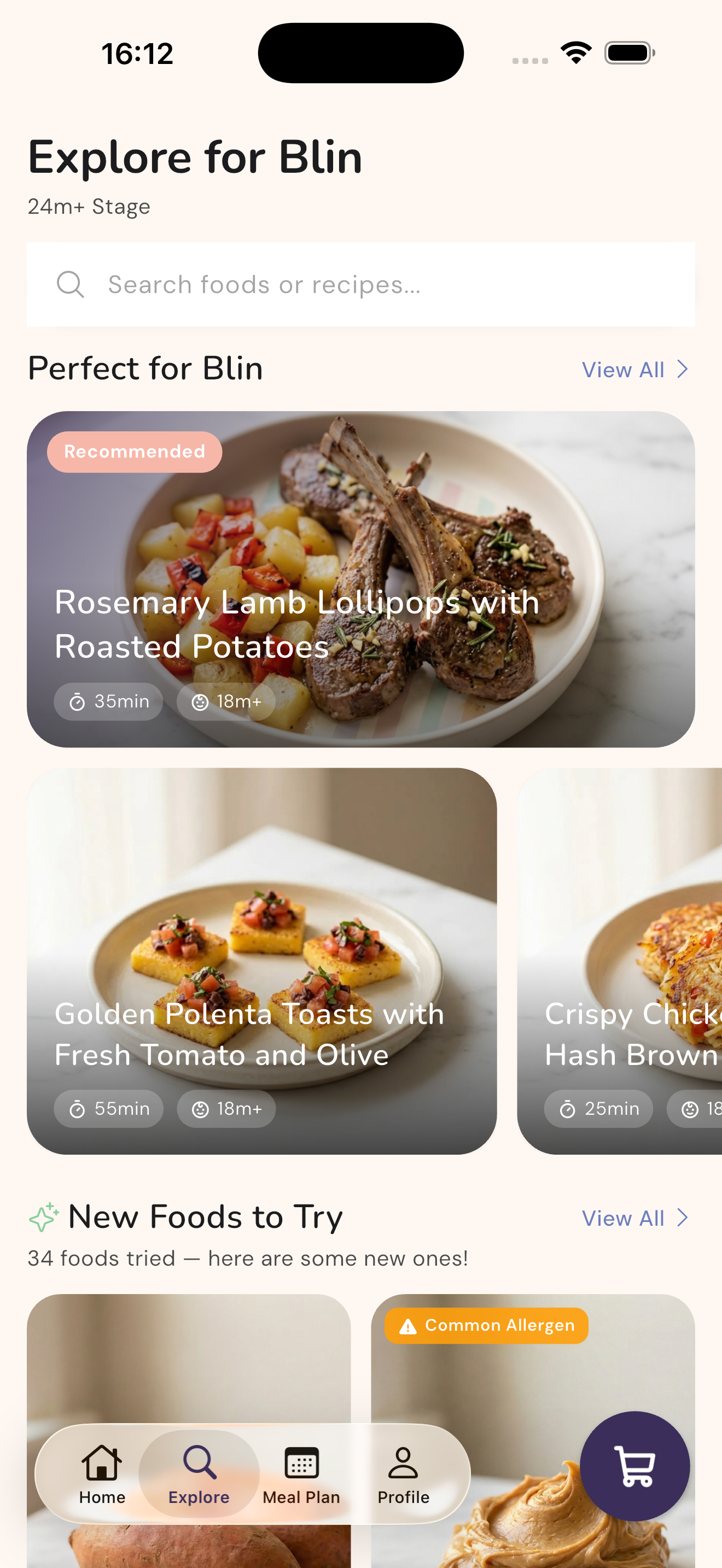 Nica's Explore screen. Browse foods and recipes filtered for your baby's age and dietary needs