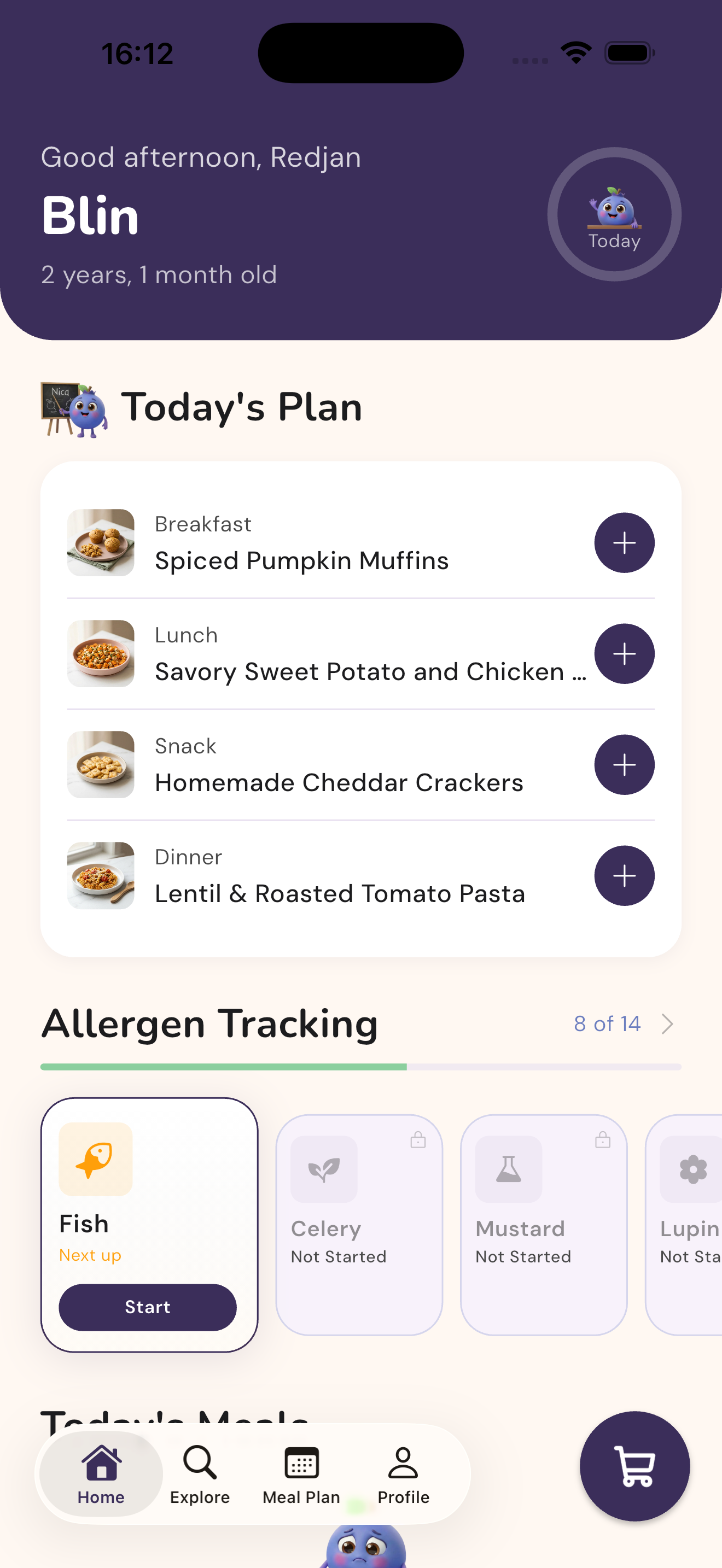 Nica showing a generated 21-meal week for a 9-month-old baby