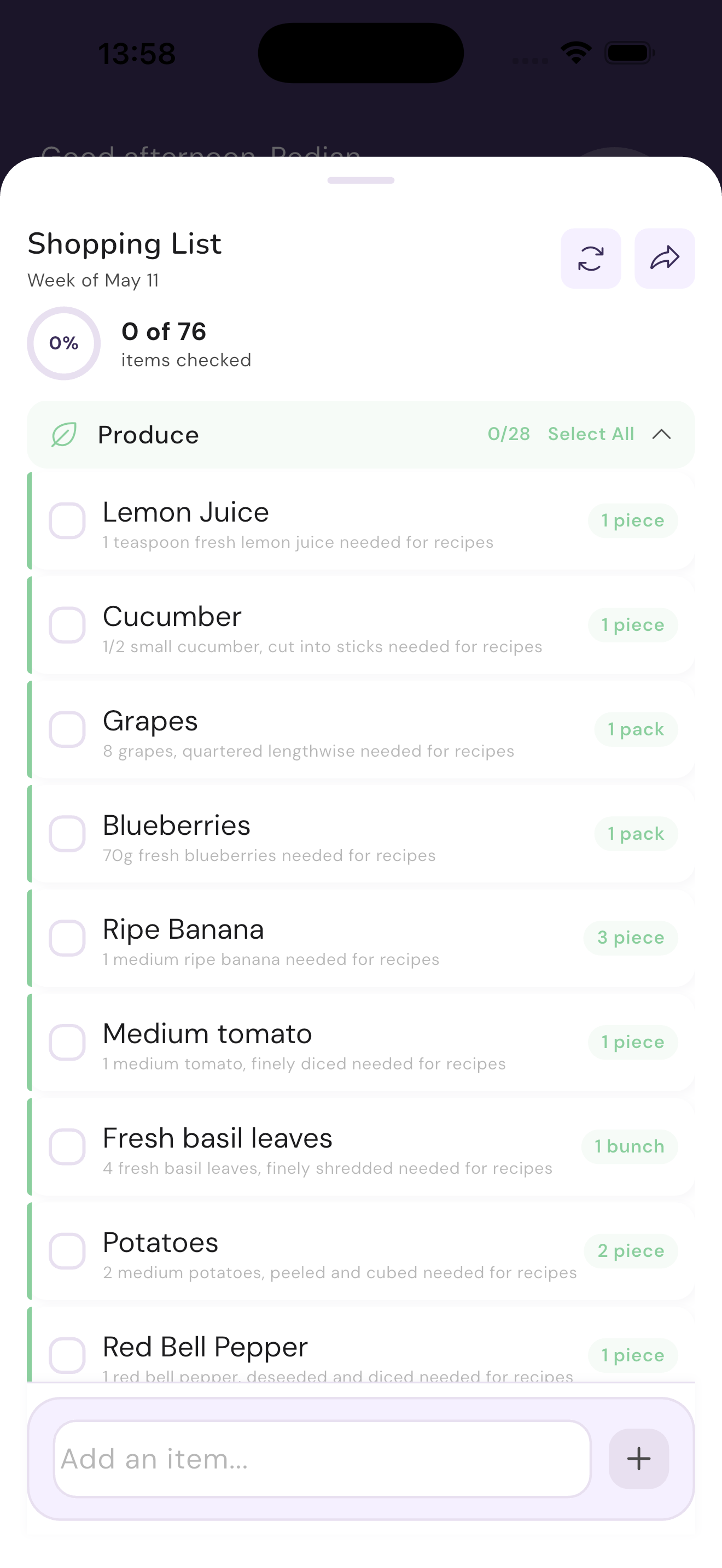 The Nica shopping list screen, items grouped by aisle, ready to check off